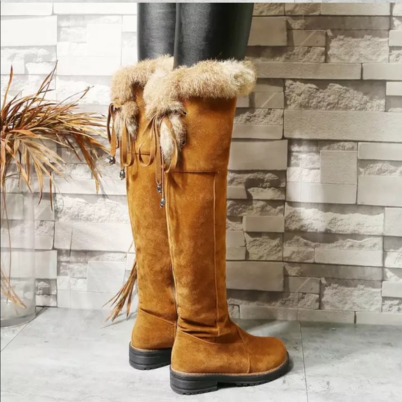 Brown Vegan Suede Faux Fur Lined Over The Knee Knee High Zip Boots - Picture 2 of 8